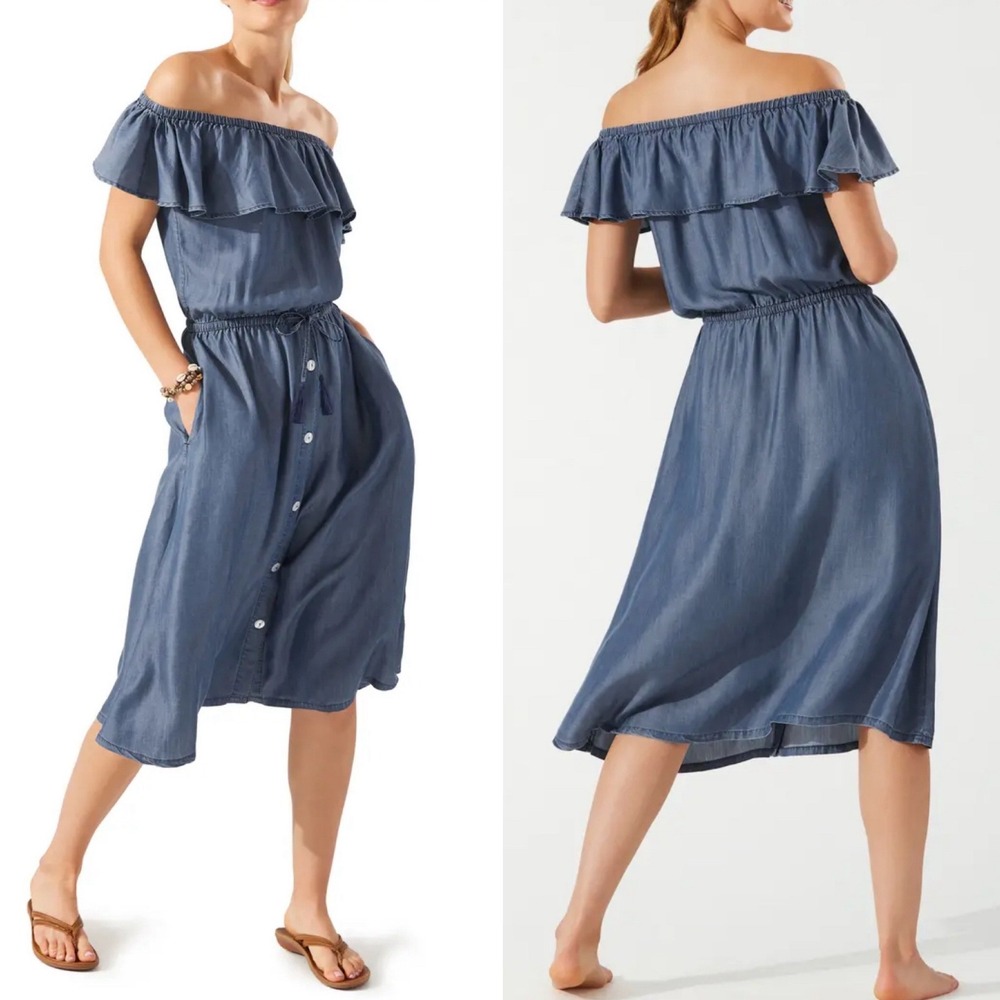 Tommy Bahama Chambray Off the Shoulder Midi Dress‎ Tencel Drawstring Pockets XS